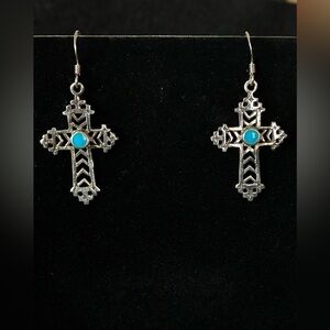 Turquoise Accent Sterling Silver Cross Dangle Earrings - Women Jewelry